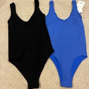 Aura Ribbed V-Neck Bodysuit Duo - Black & Blue
